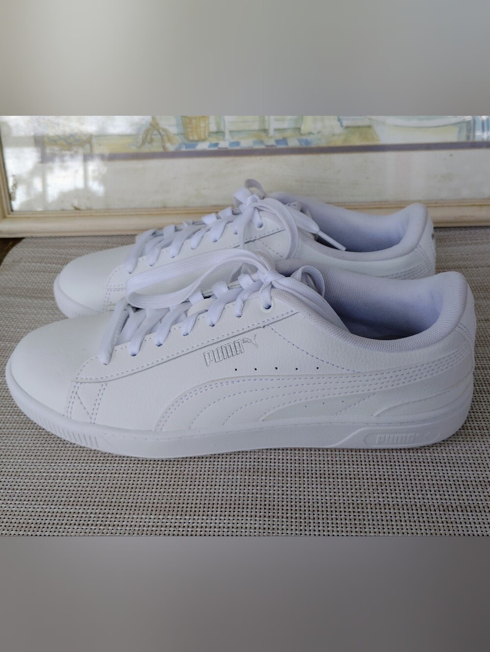 Women's Puma "Vikky v3" Triple-White Tumbled Leather/Silver Casual Shoes. Size 8